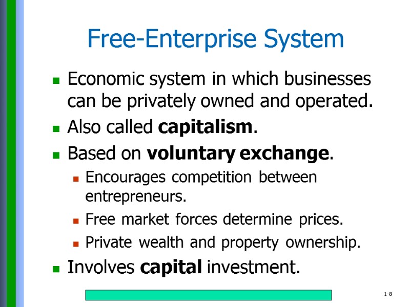 Free-Enterprise System Economic system in which businesses can be privately owned and operated. Also